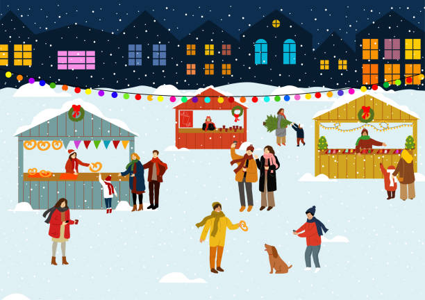 menschen auf dem winterfest am abend. weihnachtsmarkt, feiertag. - weihnachtsmarkt stock-grafiken, -clipart, -cartoons und -symbole