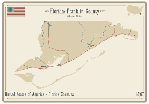 Map on an old playing card of Franklin county in Florida, USA.