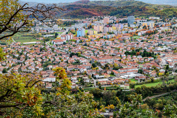 View of the city of Nova Gorica from Sabotina in autumn, Primorska, Slovenia, Europe View of the city of Nova Gorica from Sabotina in autumn, Primorska, Slovenia, Europe nova gorica stock pictures, royalty-free photos & images