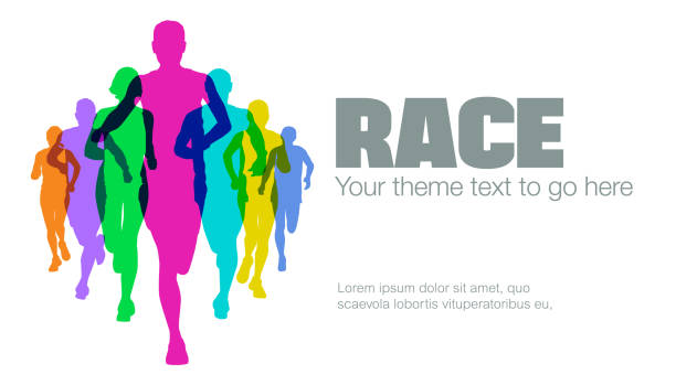 Running Event Colourful silhouettes of runner for poster or banner. Running, Race, compete, men, sprint, fitness, Running, running club, athlete, Marathon run stock illustrations