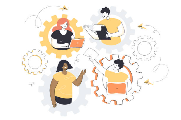 People working in dedicated team of strong professionals People working in dedicated team of strong professionals. Joint efforts, effective teamwork of characters inside gears flat vector illustration. IT business model, workflow optimization concept dedication industry stock illustrations