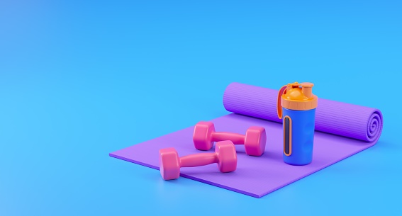 Sport and fitness background with yoga mat, bottle and dumbbells. 3d rendered illustration.