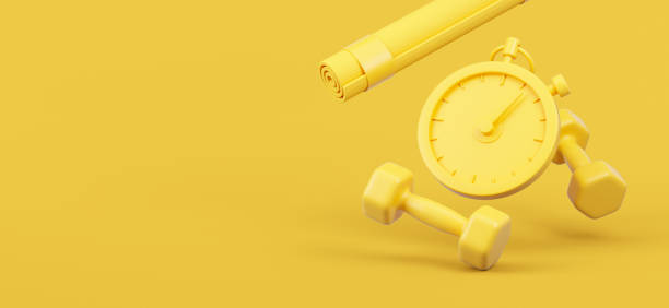 istock Dumbbells, timer and yoga mat on yellow background. 3d rendered illustration. 1348028043