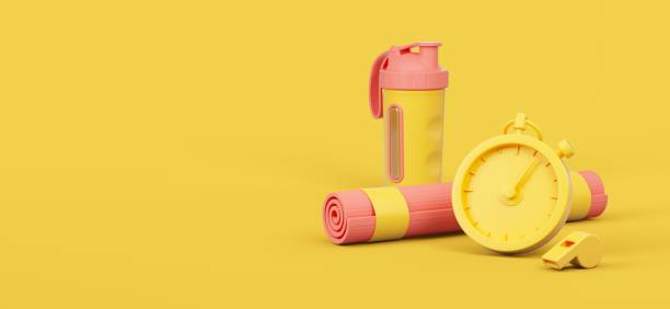 istock Sport equipment on yellow background. 3d rendered illustration. 1348028058