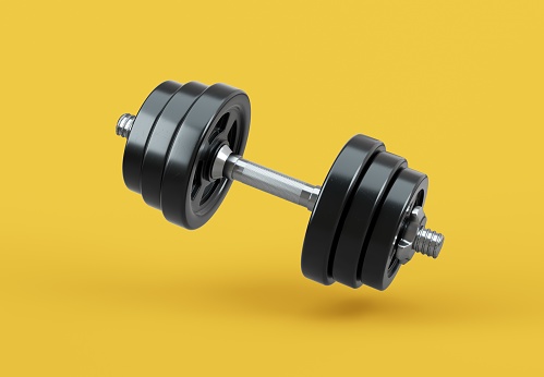 Realistic Dumbbell on yellow background. 3d rendered illustration.