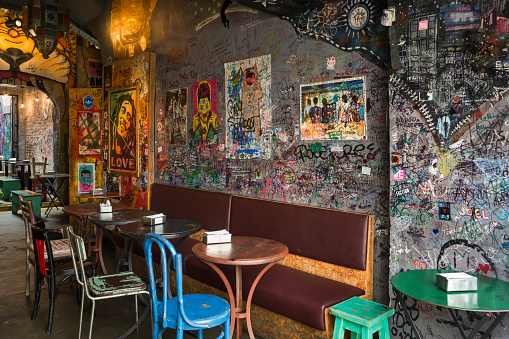 Horizontal view of a hippie bar interior in Jorge Luís Borges St, Palermo neighborhood, Buenos Aires