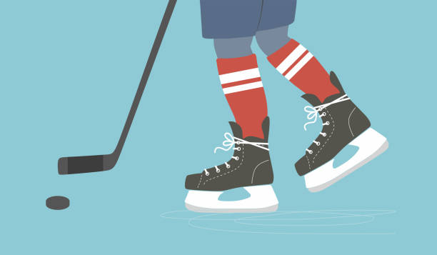 Ice skates. Hockey player with stick and puck. Man Ice skating on rink. Slides. Ice skates. Hockey player with stick and puck. Man Ice skating on rink. Slides. Active lifestyle. Winter sport, active male leisure. Training. Outdoor activity. Color Isolated flat vector illustration. hockey skates stock illustrations