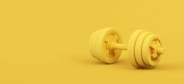 istock Yellow Dumbbell on yellow background. 3d rendered illustration. 1348028266