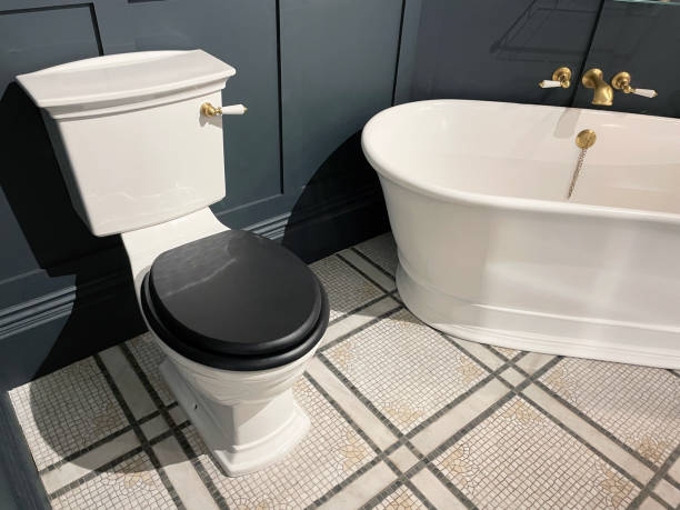 image of large freestanding bath with curved ends and bronze mixer tap in luxury bathroom with white old fashioned styled toilet wc with wooden lid, black wooden panelling walls and mosaic tiled flooring, focus on foreground - bronze decor tile mosaic imagens e fotografias de stock