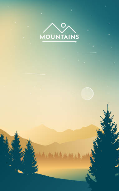 山の風景。森。山の夕日。朝の空。旅行コンセプト。冒険。ミニマリストグラフィックチラシ。クーポン、バウチャー、ギフトカードのためのポリゴンフラットデザイン。ベクトルの図 - sun fog sky river点のイラスト素材／クリップアート素材／マンガ素材／アイコン素材