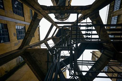 Looking up at the geometry of the old industrial house photographed in Chengdu on a cloudy day