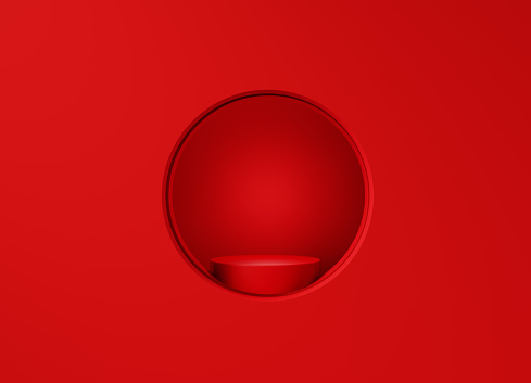 Red podium sitting inside of a red circle shape on red background, Horizontal composition with copy space.