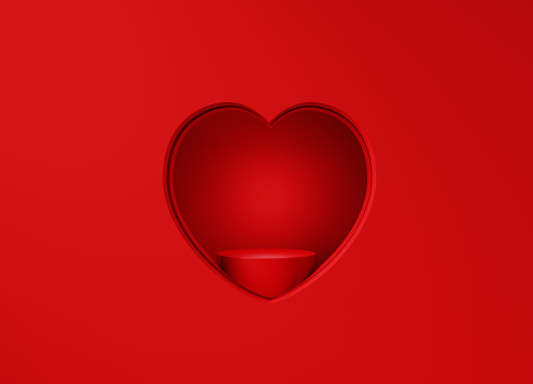 Red podium sitting inside of a red heart shape on red background, Horizontal composition with copy space.