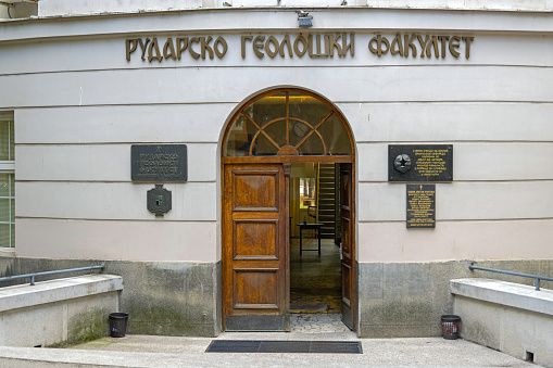 Belgrade, Serbia - October 01, 2021: Entrance to Faculty of Mining and Geology University of Belgrade.