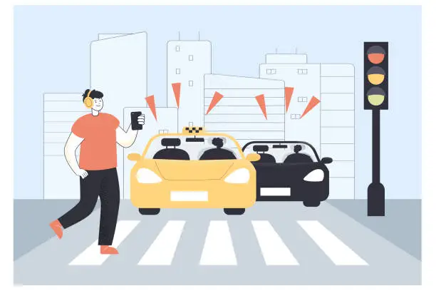 Vector illustration of Careless boy with smartphone crossing street