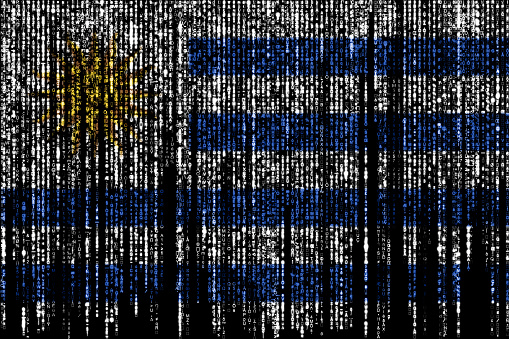 Flag of Uruguay on a computer binary codes falling from the top and fading away.