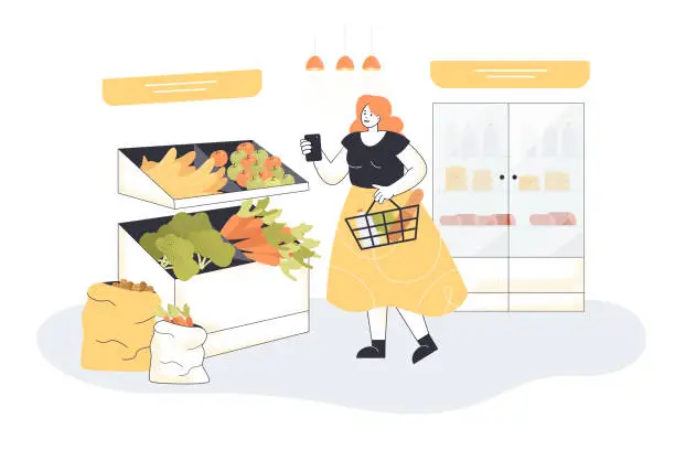 Vector illustration of Funny woman with shopping basket choosing fruits and vegetables