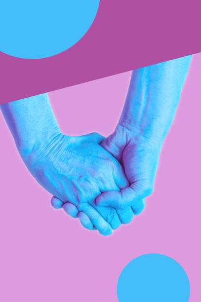 istock Hands in a surreal style in violet blue neon colors. Modern psychedelic creative element with human palm for posters, banners, wallpaper. Copy space for text. Magazine style template. Pop art culture. 1348034245
