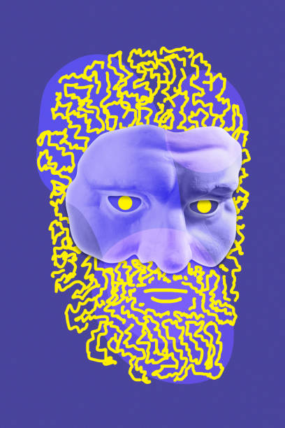 Collage with sculpture of human face in a pop art style. Modern creative concept image with ancient statue head. Zine culture. Contemporary art poster. Funky punk minimalism. Crypto art design.
