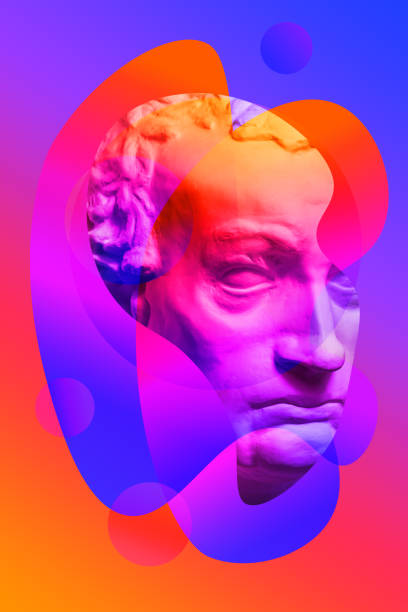 istock Collage with plaster antique sculpture of human face in a pop art style. Modern creative concept image with ancient statue head. Zine culture. Contemporary art poster. Funky minimalism. Retro design. 1348035794