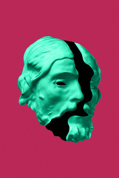 istock Collage with sculpture of human face in a pop art style. Modern creative concept image with ancient statue head. Zine culture. Contemporary art poster. Funky punk minimalism. Retro surreal design. 1348036230