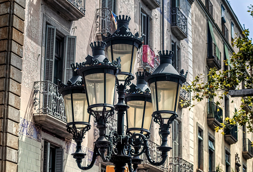 Street lamp in downtown Barcelona, Spain.