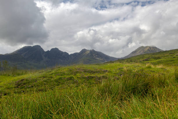 Mountain range towering above grassy meadows between Broadford and Elgol on the Isle of Skye in Scotland. Mountains tower above grassy meadows between Broadford and Elgol on the Isle of Skye in Scotland. isle of skye broadford stock pictures, royalty-free photos & images