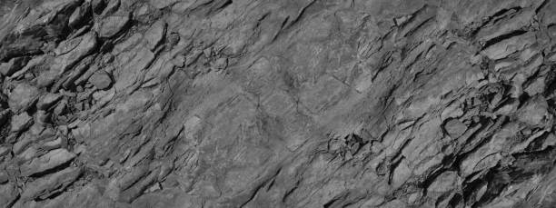 istock Black white rock texture. Rocky surface. Gray stone background with copy space for design. Wide banner. 1348037354