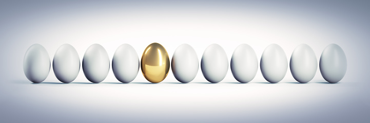 Golden egg in a row of white eggs - 3d illustration