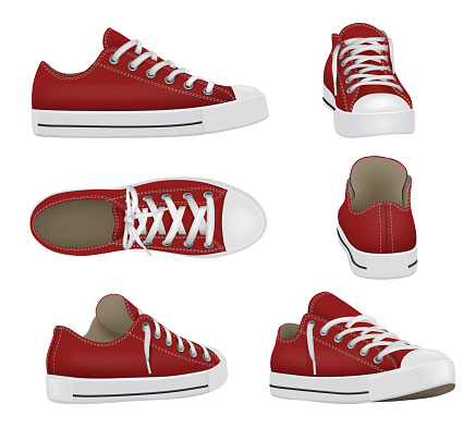 Sport shoes. Realistic sneakers for active people healthy lifestyle decent vector colored sneakers in various views. Illustration of footwear for sport, fashion design shoes