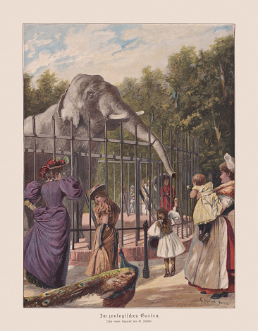 In the zoological garden. Nostalgic scene from the end of the 19th century. Color woodcut after a watercolor by Georg Schöbel (German ipainter, 1858 - 1928), published in 1897.