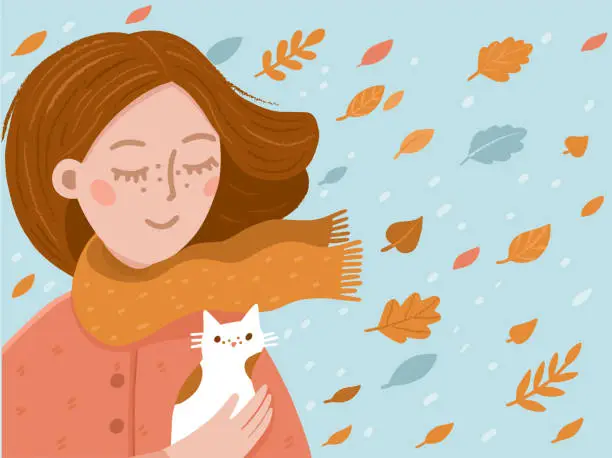 Vector illustration of young girl adopting a little cat