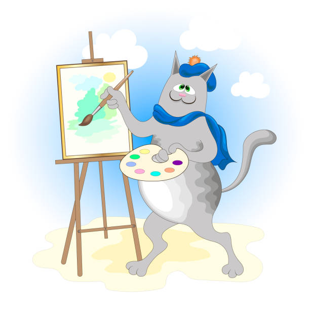 istock Cartoon grey cat painting a picture 1348045339