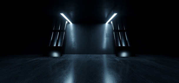 Sci Fi Cyber Futuristic Spaceship Tunnel Corridor Glowing Blue White Lights Metal Columns Showroom Warehouse Underground Cement Concrete Glossy Floor Background Realistic 3D Rendering illustration