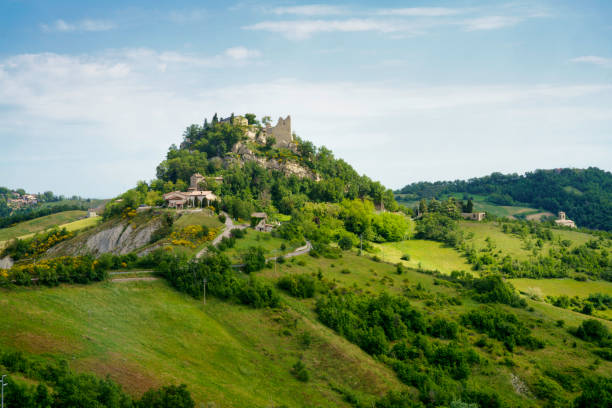 Rural landscape near San Polo and Canossa, Emilia-Romagna. Castle stock photo