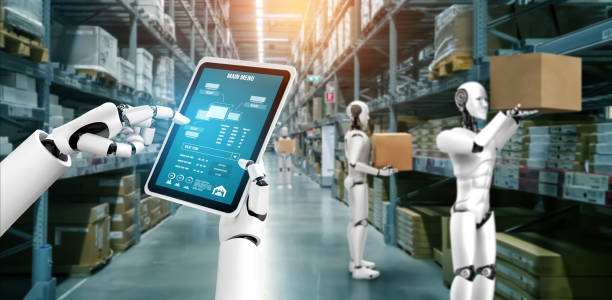 istock Innovative industry robot working in warehouse for human labor replacement 1348047484