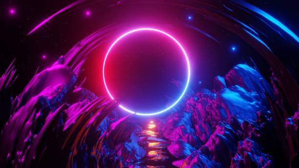 istock 3D rendering. Sci Fi modern futuristic bright background with round portal. Abstract background, space landscape 1348047508