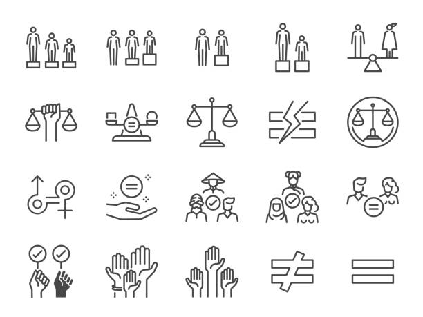zestaw ikon linii równości i równości. uwzględniono ikony jako płeć, rasę, orientację seksualną, sędziego, równość, szacunek i inne. - balance stock illustrations
