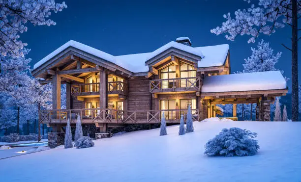 3d rendering of modern cozy chalet with pool and parking for sale or rent. Beautiful forest mountains on background. Massive timber beams columns. Cool winter night with stars in sky.