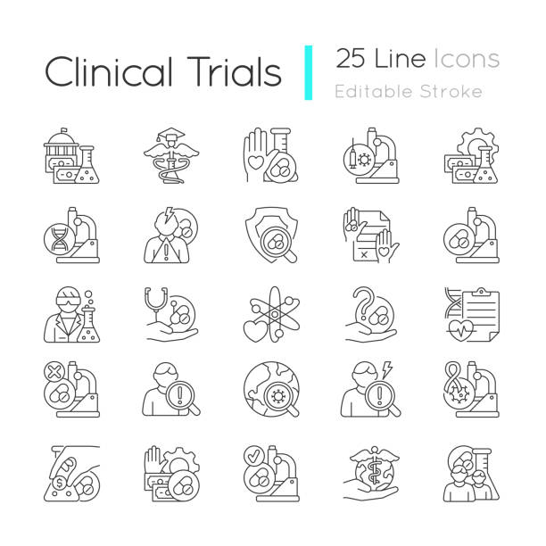 Clinical trials linear icons set Clinical trials linear icons set. Experimental medicine research. Clinical scientist. New drugs testing. Customizable thin line contour symbols. Isolated vector outline illustrations. Editable stroke medical research stock illustrations