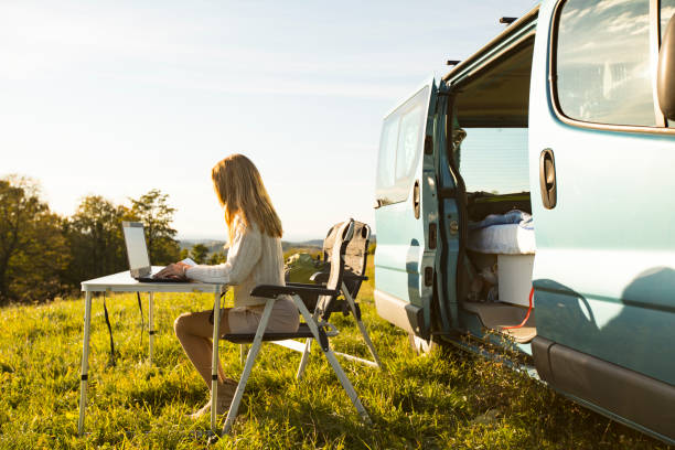Young Woman Working on Laptop While on Road Trip With Motor Home