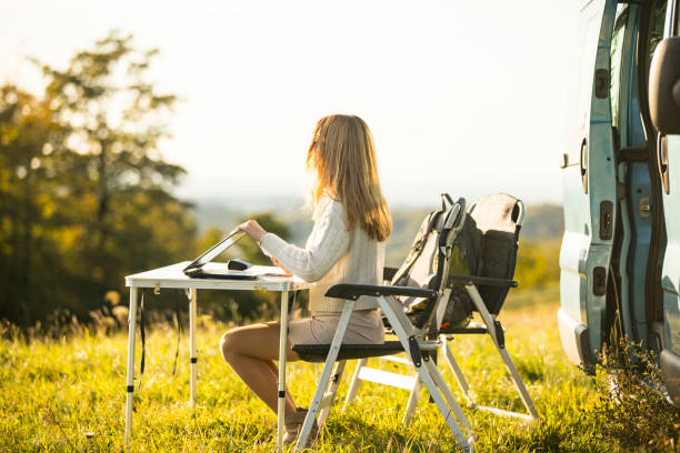 istock Young Woman Using Laptop While on Vacations With Motor Home 1348055890
