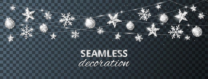 Seamless vector holiday decoration. Winter season silver ornaments isolated on transparent background. Strings with sparkling glitter stars, snowflakes and balls. For Christmas banners, party posters.