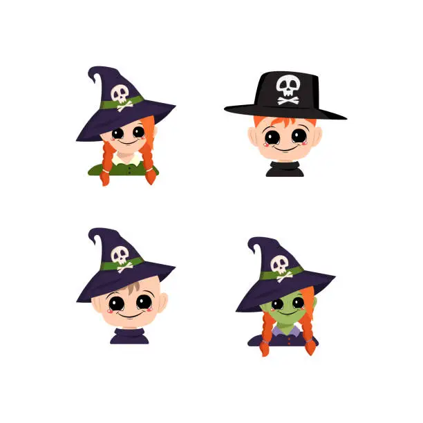 Vector illustration of Set of girl, boy and baby with white and green skin, red hair, big eyes and wide happy smile in pointed witch hat with skull