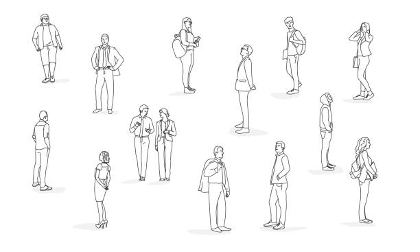 Large group of standing people Large group of standing people. Hand drawn vector illustration. Black and white. person outline drawing stock illustrations