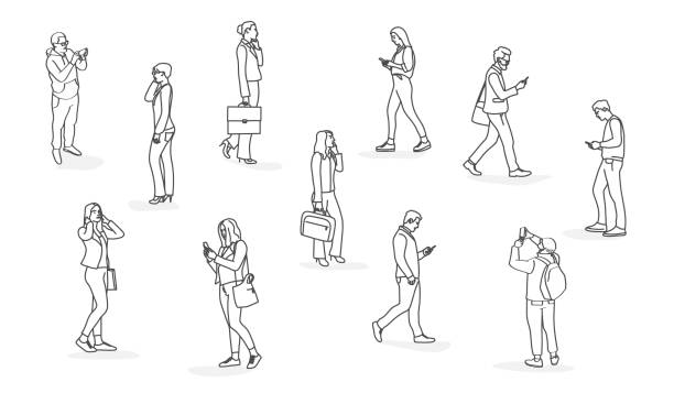 Set of young men and women holding smartphones and texting, talking, taking selfie. Set of young men and women holding smartphones and texting, talking, taking selfie. Hand drawn vector illustration. Black and white. girl texting on phone stock illustrations
