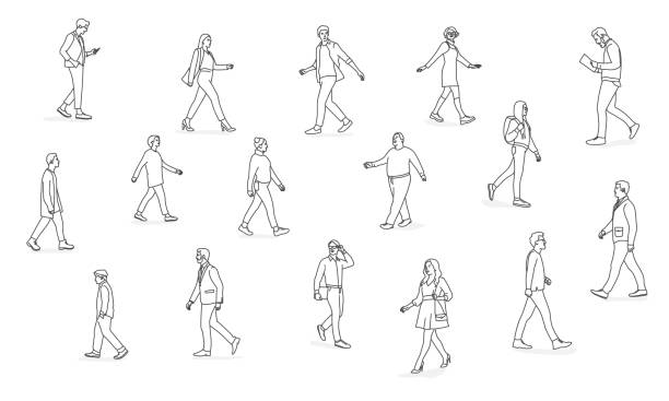 Crowd of tiny people walking. Different people. Crowd of tiny people walking. Different people. Hand drawn vector illustration. Black and white. walking drawings stock illustrations