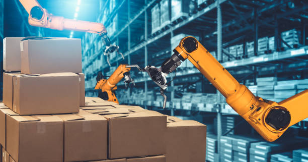 istock Smart robot arm system for innovative warehouse and factory digital technology 1348060123