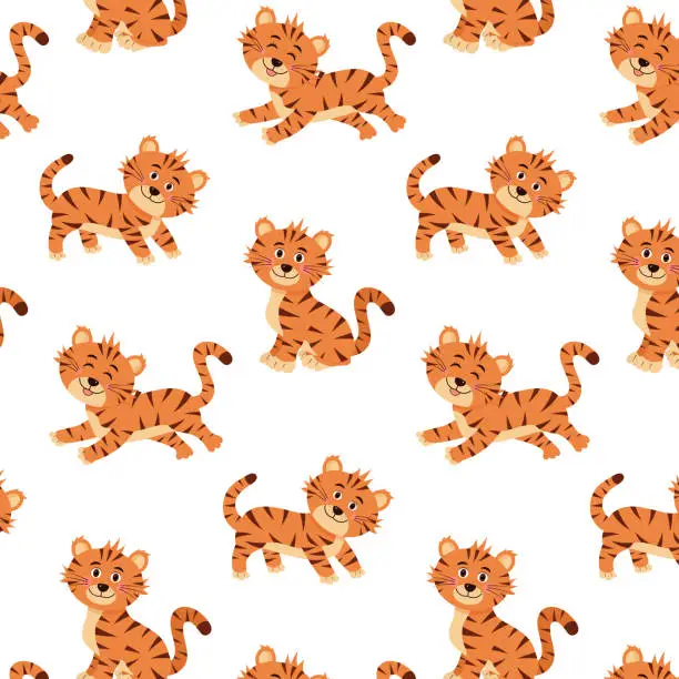 Vector illustration of Vector seamless pattern with cute tigers.