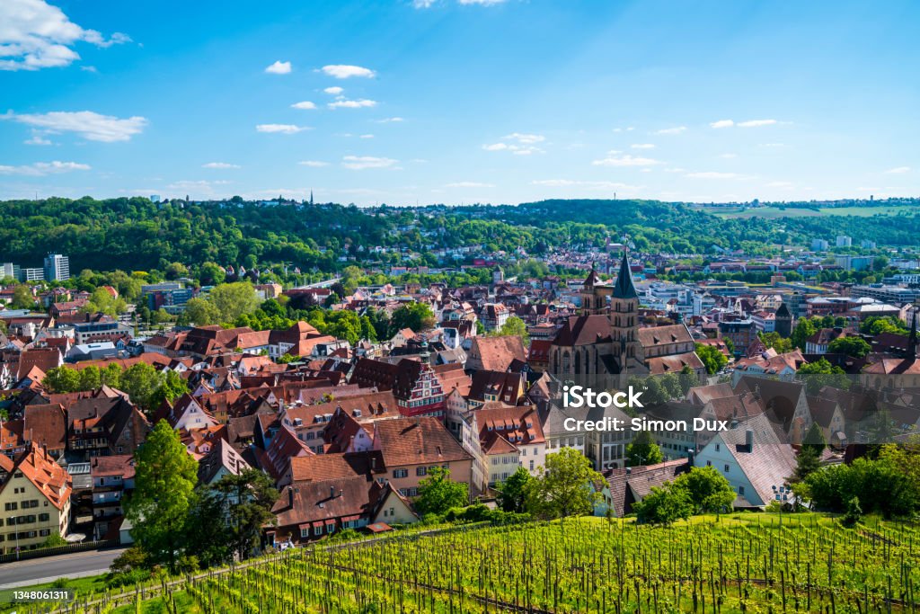 Germany, Esslingen am Neckar city old town houses and st dionys church tower, the famous skyline of the medieval town Stuttgart Stock Photo